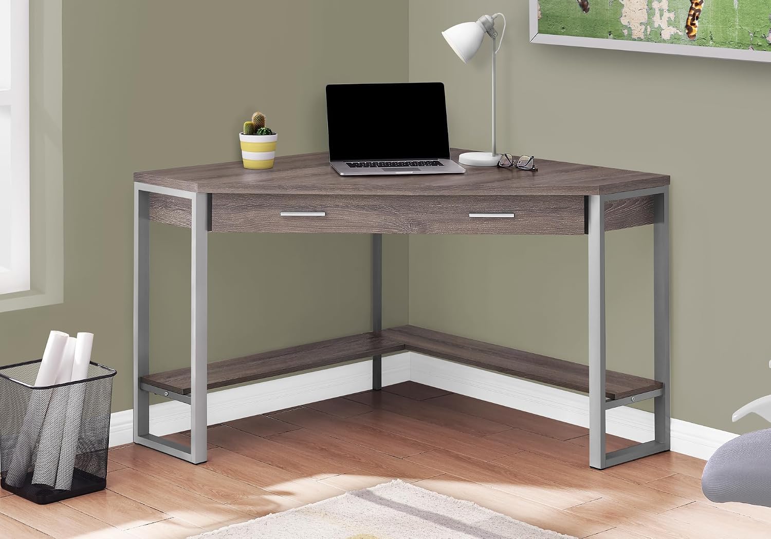 Pemberly Row Corner Computer Desk, 42' L x 42' D x 30' H, Taupe Wood Look Finish, Silver Metal Frame, Drawer and Bottom Shelf, Space-Saving Design for Home Office or Workstation Use