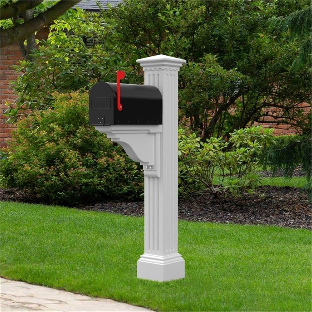 Pemberly Row Weatherproof Plastic Mail Post, 58' H x 9' W x 26' D, White Finish, Fluted Design, UV-Resistant Polyethylene Resin, Holds Up to 16 lb Mailbox, Traditional Style for Residential or