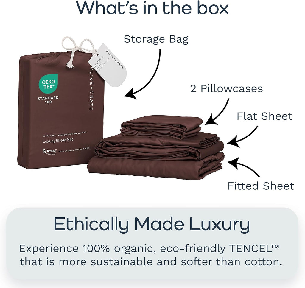 Olive + Crate Tencel Lyocell Eucalyptus Queen Size Sheet Set - Cooling Tencel Sheets for Hot Sleepers with 18 Inch Deep Pocket Fit - Cacao 4-Piece Set