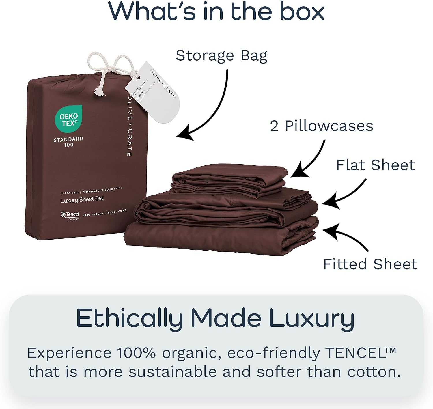 Olive + Crate Tencel Lyocell Eucalyptus Queen Size Sheet Set - Cooling Tencel Sheets for Hot Sleepers with 18 Inch Deep Pocket Fit - Cacao 4-Piece Set
