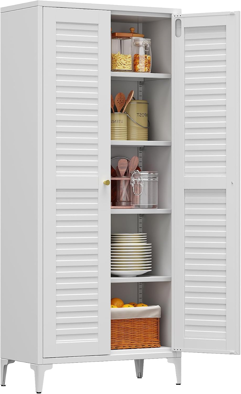 Metal Storage Cabinet with 2 Doors and 4 Adjustable Shelves, Metal Pantry Cabinet for Kitchen Living Room, Required Assembly, White,13.78' D x 27.56' W x 63.58' H