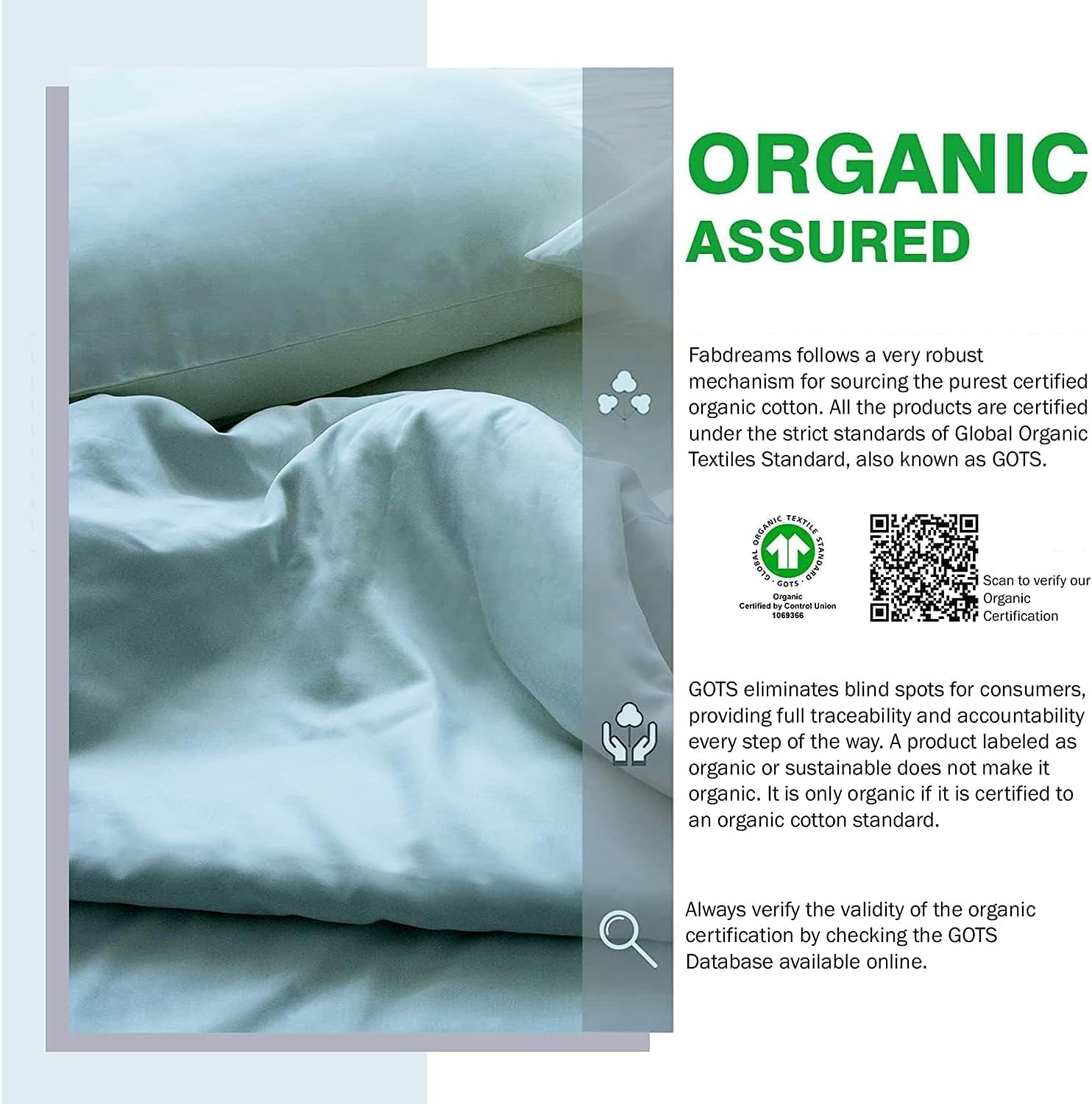 Fabdreams 100% Organic Cotton Percale Weave Queen Size Sheet Set | 300 Thread Count | GOTS Certified | Long Staple Cotton | Cool Crisp Breathable | Fits Upto 17' Deep Pocket | Light Blue