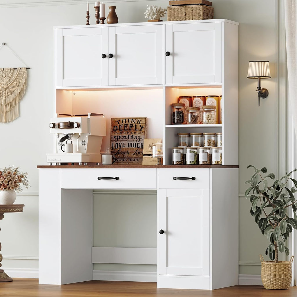 Keyluv 71' Tall Computer Desk with Hutch Cabinet, Home Office Desk with Storage Drawers Shelves and Side Rack, Wood Executive Desk with Doors, Outlet Station and Smart LED Lights, White