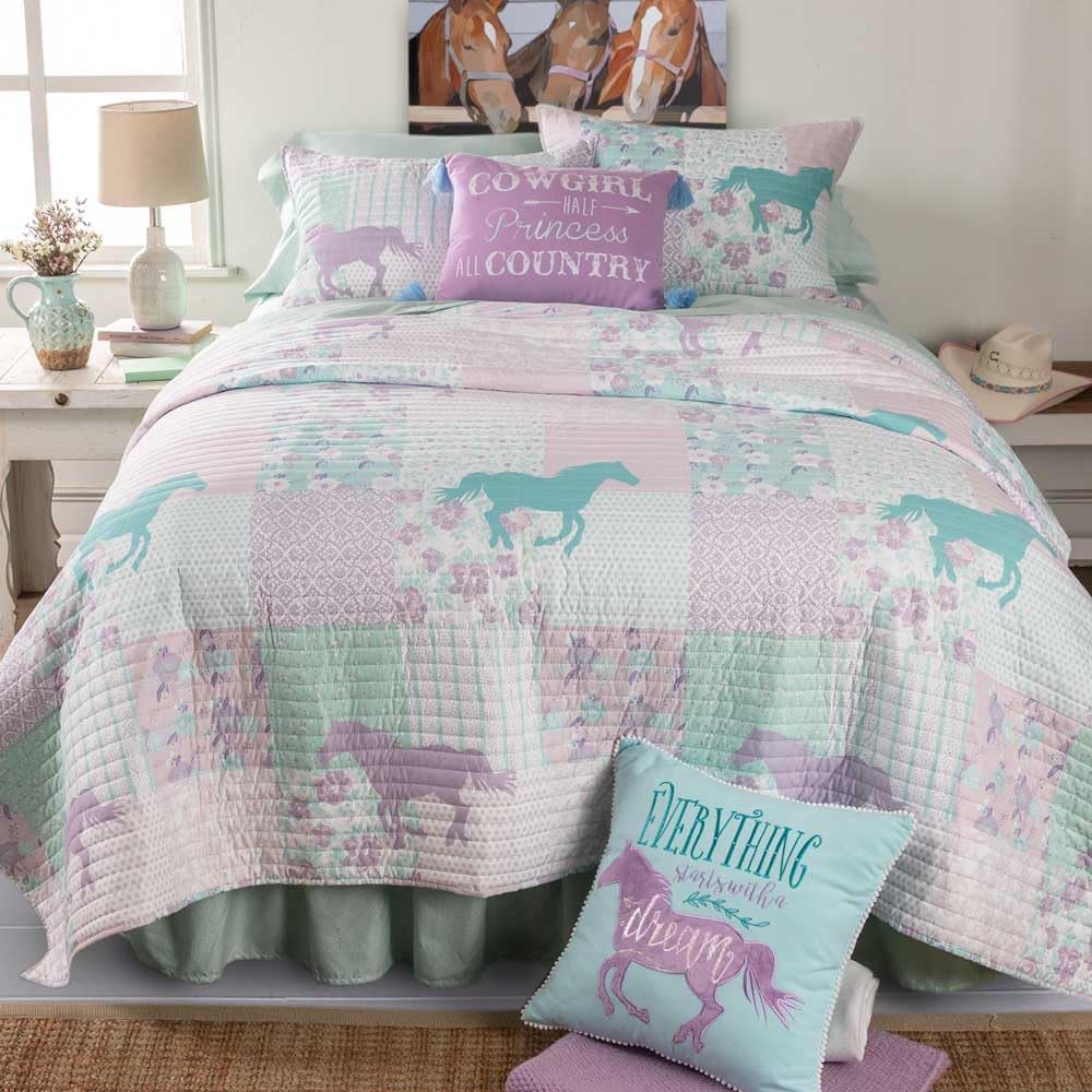 Rod's True Western Cowgirl Princess Pony Patchwork Full Bed in a Bag, 8 Piece Western Bedding Set, Quilt, Sheets & Shams, Purple Turquoise Pink