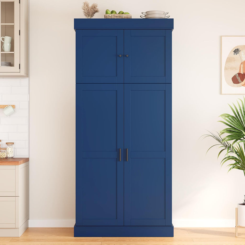 77'' Tall Freestanding Kitchen Pantry, 35''Lx17.7''W Wooden Kitchen Organizers Cupboard Storage Cabinet with Adjustable Shelves, Door Shelves, Drawers and Wine Racks (Blue-2.12)