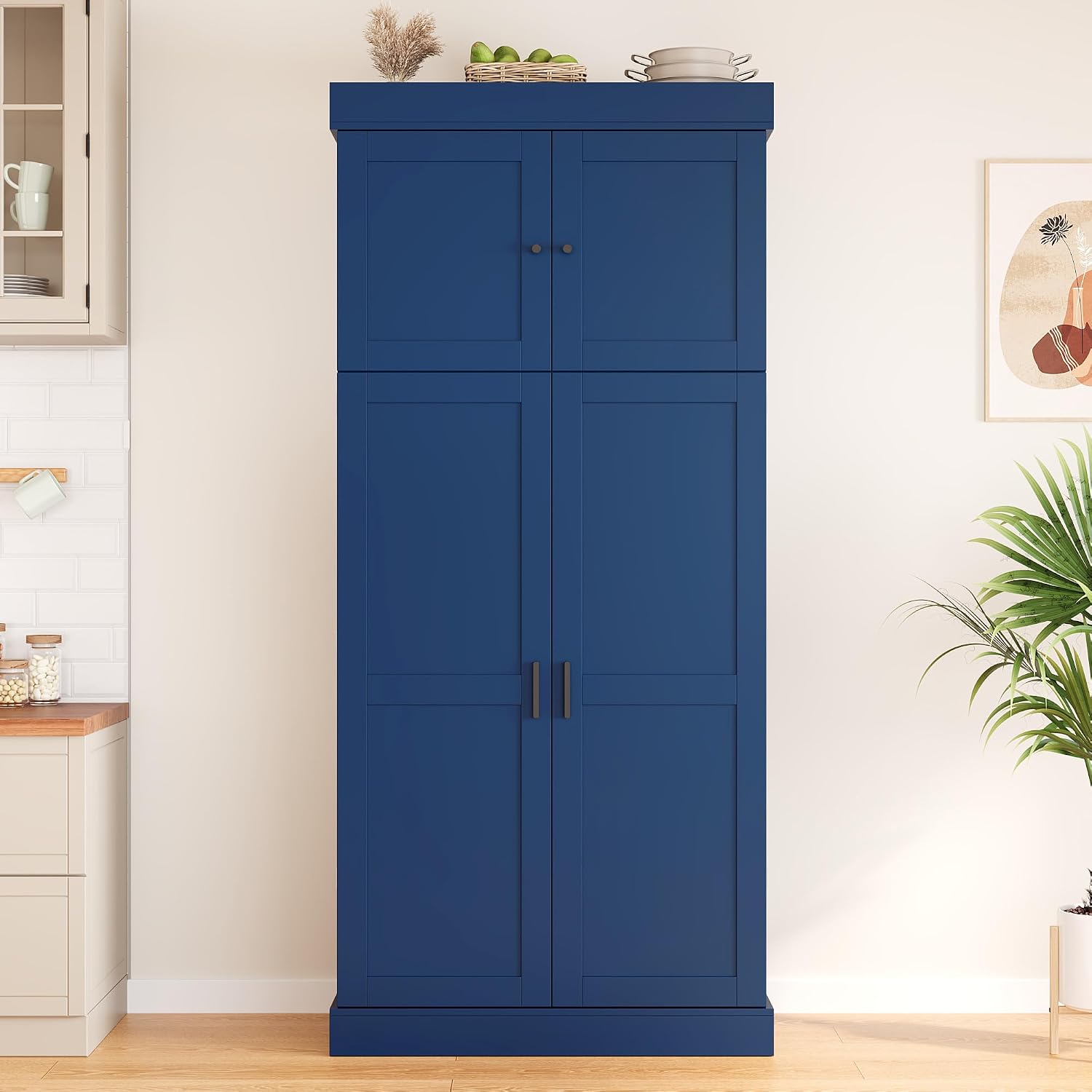 77'' Tall Freestanding Kitchen Pantry, 35''Lx17.7''W Wooden Kitchen Organizers Cupboard Storage Cabinet with Adjustable Shelves, Door Shelves, Drawers and Wine Racks (Blue-2.12)