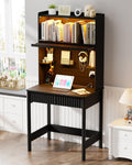 HNEBC Black Computer Desk - with Power Outlets & Chariging Station,Small Writing Desk with Hutch and Drawers,66.3''H Office Desk with Pull-Out LED Lights,Pop-up Glass Door,Pegboards,Bedroom