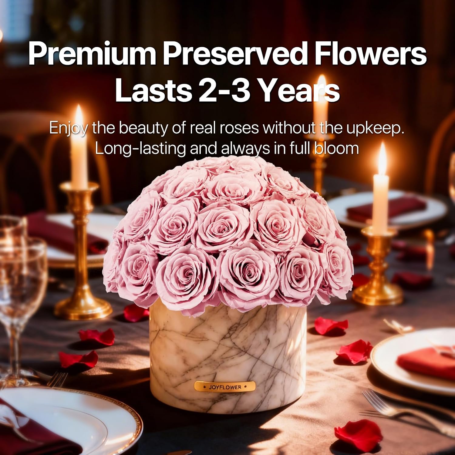 JoyFlower Preserved Flowers in Marble Vase, Snow Plum Marble Vase for Table Centerpiece, Pink Eternal Flower Decorations for Party Home Living Room Bedroom Shop House Hotel, Decorative Flower Decor