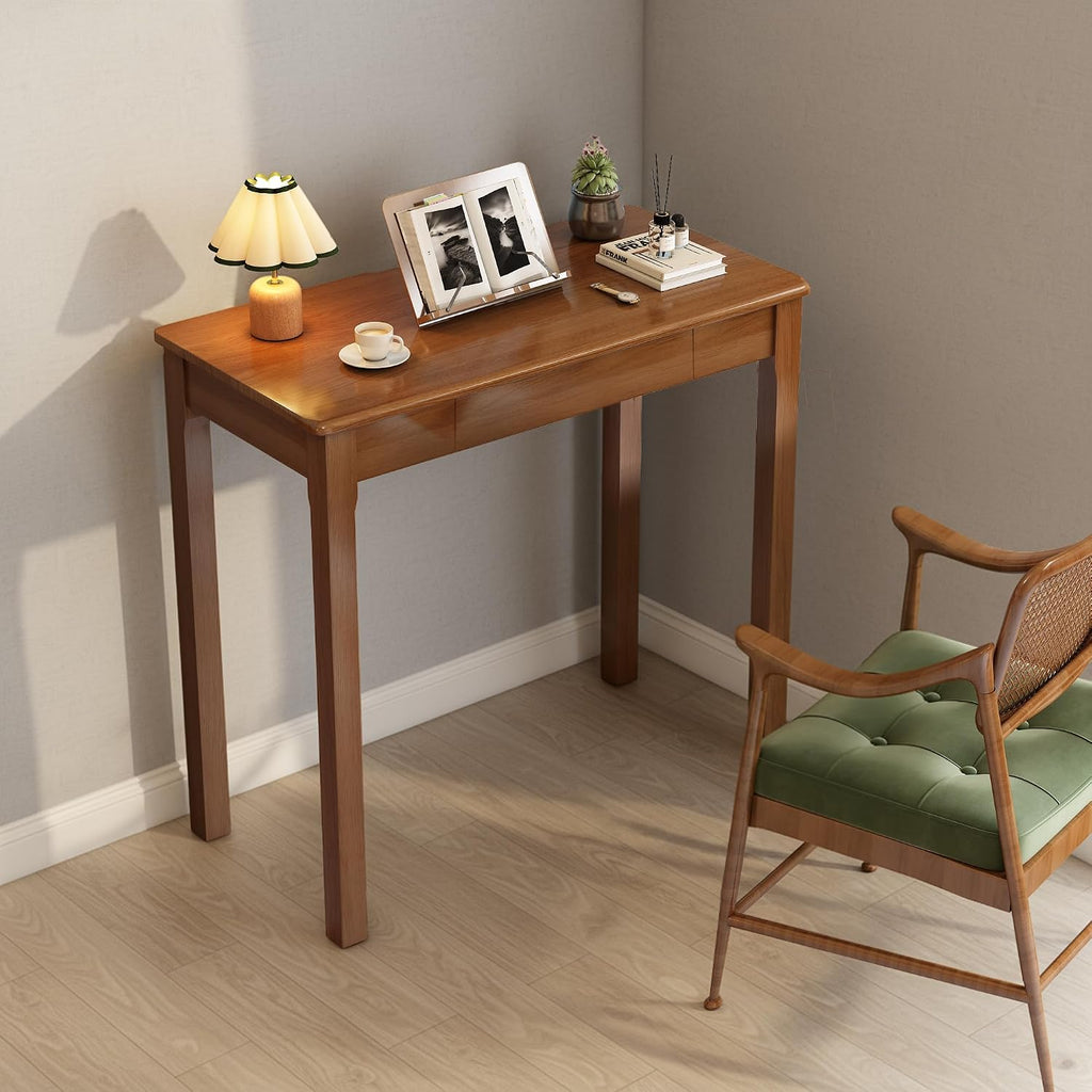 Solid Wood Desk with Drawers - 31.5' Narrow Desks for Small Spaces, Mid Century Modern Desks, Small Wooden Vintage Computer Writing Desk, Study Table for Home Office Bedroom, Walnut