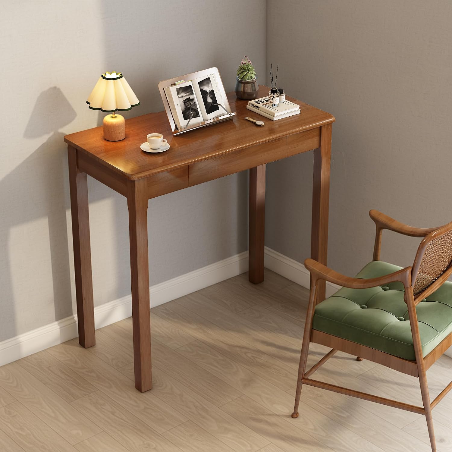 Solid Wood Desk with Drawers - 31.5' Narrow Desks for Small Spaces, Mid Century Modern Desks, Small Wooden Vintage Computer Writing Desk, Study Table for Home Office Bedroom, Walnut