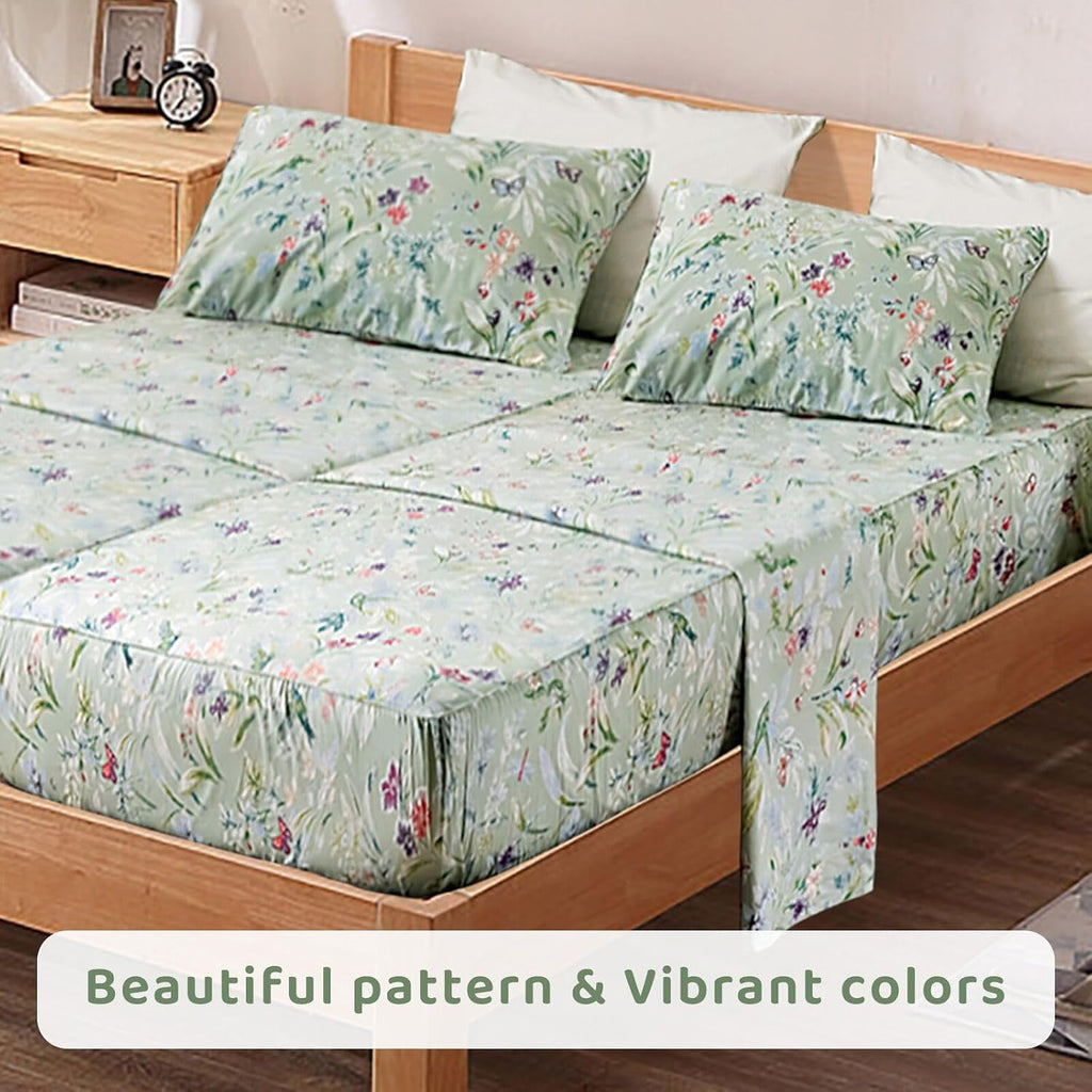 QSH 100% Cotton Sheets for Split King Size Bed, Pattern Botanical Luxury Cotton Printed Floral Bedding Sheets Soft and Breathable 5pcs Deep Pocket Queen Sheet Set