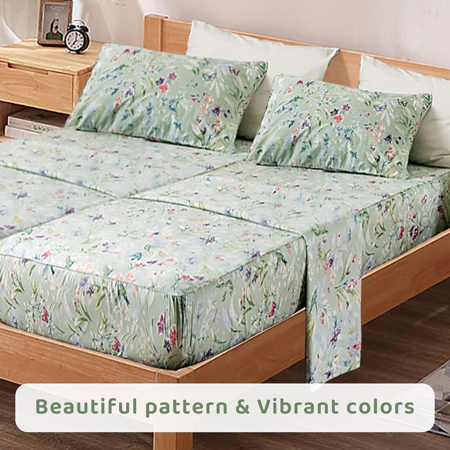 QSH 100% Cotton Sheets for Split King Size Bed, Pattern Botanical Luxury Cotton Printed Floral Bedding Sheets Soft and Breathable 5pcs Deep Pocket Queen Sheet Set