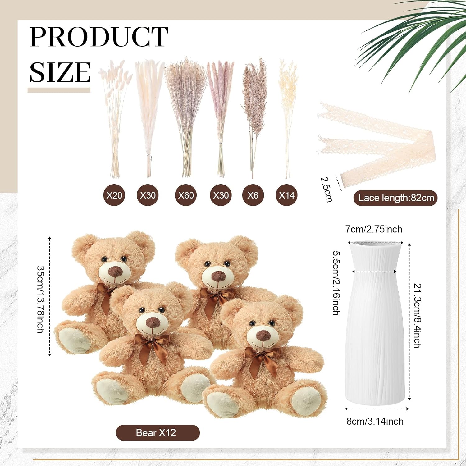 Canlierr 12 Sets 196 Pcs Baby Shower Table Centerpieces Decoration Baby Shower Table Decor with Bear Stuffed Vase Dried Pampas for Boho Wedding Gender Reveal Party Decoration(Ceramics,Boho)
