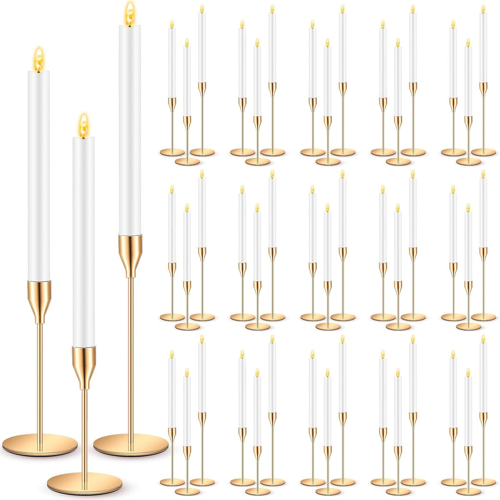 FillTouch 60 Pcs Gold Candlestick Holders with LED Flameless Candles Bulk Includes 30 Metal Candle Holders and 30 Battery Operated Candles for Wedding Table Centerpieces Home Decor(White)