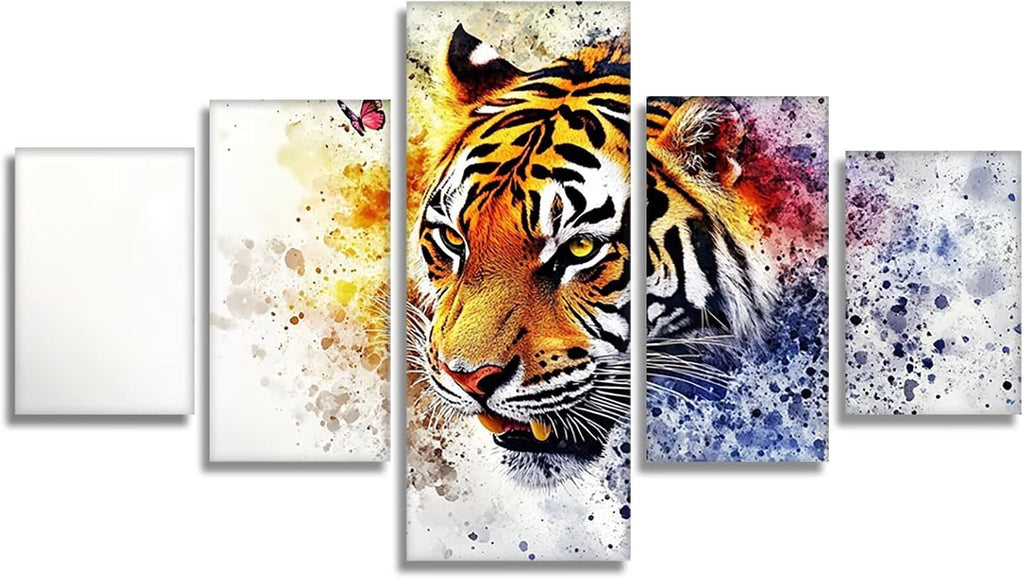 Tiger Diamond Art 5 Piece Diamond Painting Animal 5D DIY Full Square Drill Dimond Art Paintings Rhinestones Crafts for Adults Gem Painting for Home Decor, Large Artwork for Wall 36 x 70 Inch, Model276