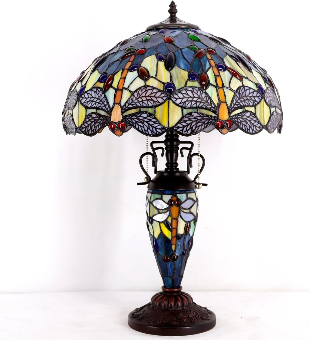 WERFACTORY Tiffany Table Lamp Sea Blue Yellow Stained Glass Dragonfly Mather-Daughter Vase Table Lamp 16X16X24 Inches Desk Light Decor Bedroom Living Room Home Office S128 Series