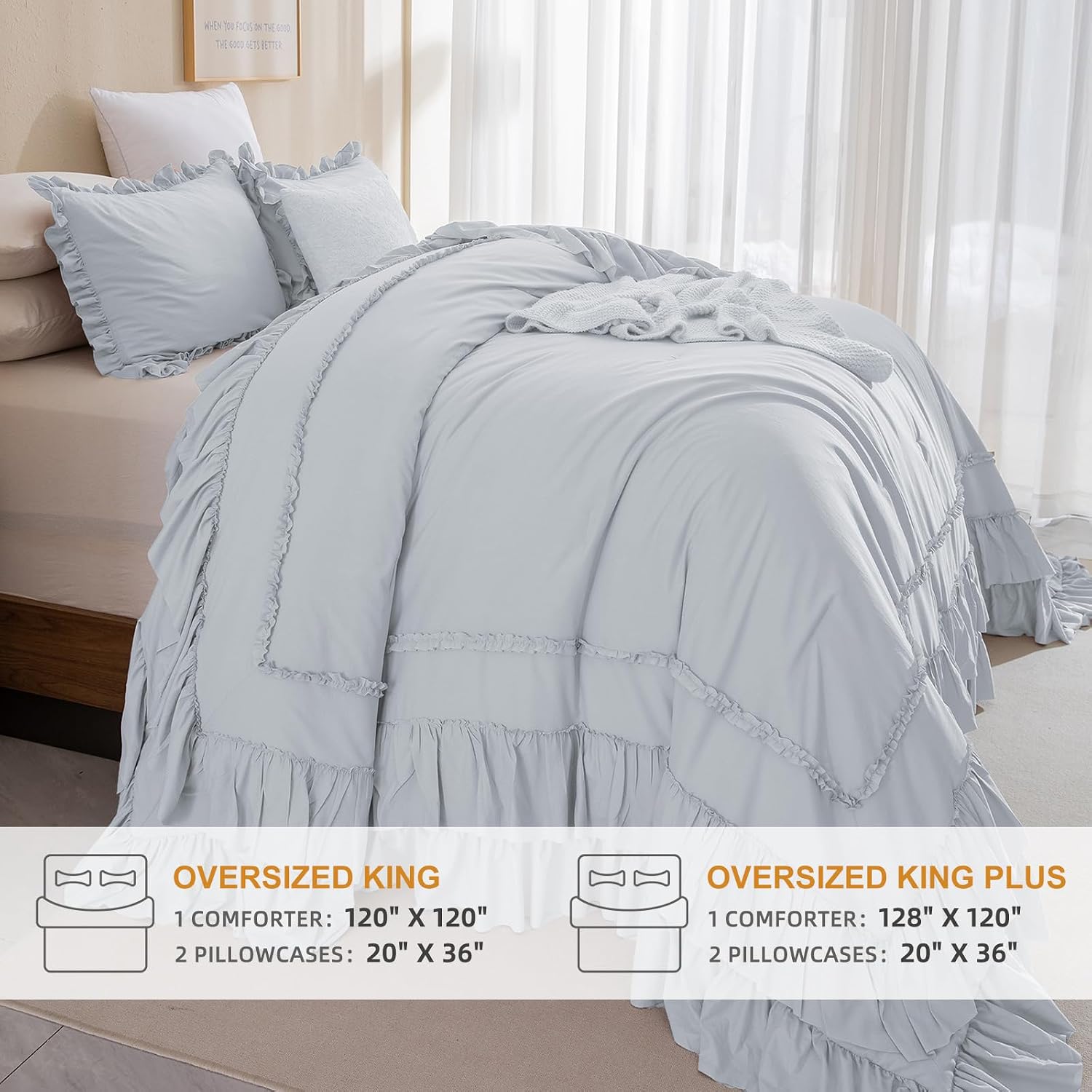Masaca Oversized King Comforter 128x120,3 Pieces Vintage Farmhouse Ruffled Bedding Comforter Set Lightweight Ultra Soft French Country Bedding (1 Light Blue Ruffle Comforter +2 Pillowcases)