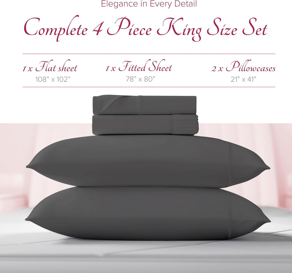Carressa Linen 100% Egyptian Cotton King Size Sheets Set - Luxury 1200 Series Rose Collection Egyptian Cotton Sheets King Size (4 PC, Dark Grey), Silky Soft, Cooling, Sateen 17' Deep Pocket Bed Set