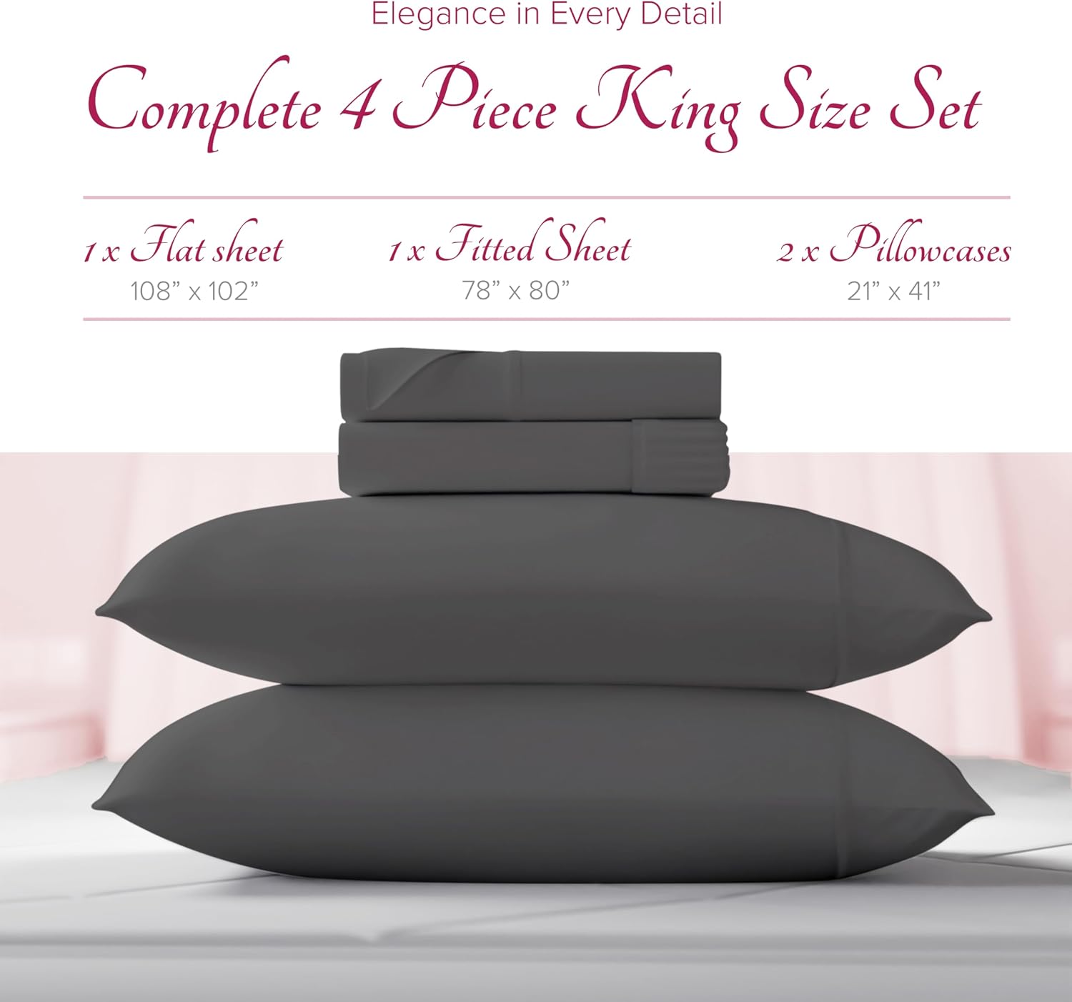 Carressa Linen 100% Egyptian Cotton King Size Sheets Set - Luxury 1200 Series Rose Collection Egyptian Cotton Sheets King Size (4 PC, Dark Grey), Silky Soft, Cooling, Sateen 17' Deep Pocket Bed Set
