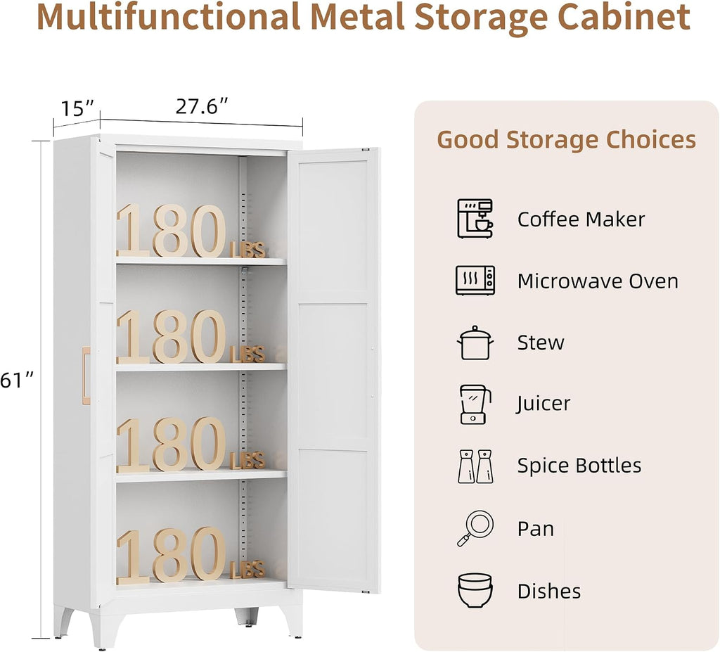 White Cabinet Metal Kitchen Pantry Storage Cabinet with Doors,61' Tall Food Storage Cabinets with Adjustable Shelves,Cupboard for Office,Dining Room and Bathroom
