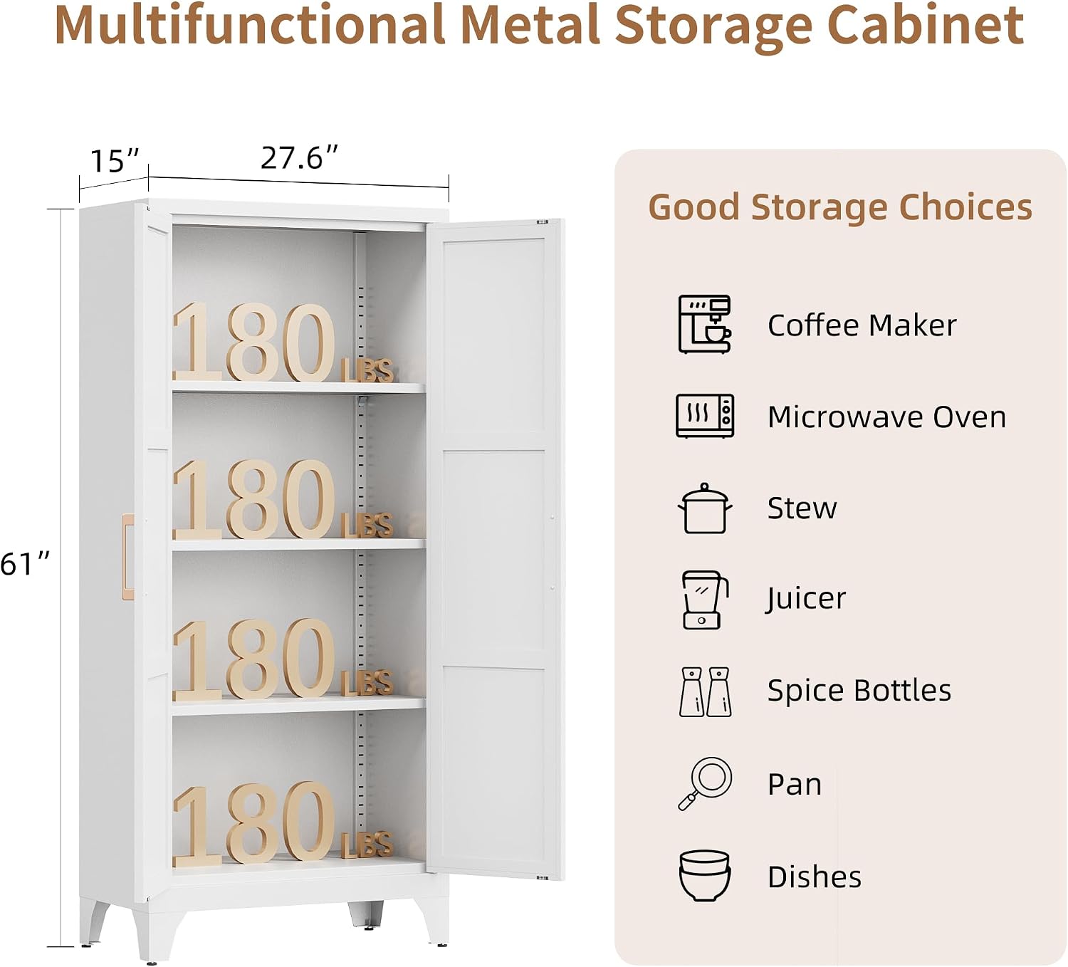 White Cabinet Metal Kitchen Pantry Storage Cabinet with Doors,61' Tall Food Storage Cabinets with Adjustable Shelves,Cupboard for Office,Dining Room and Bathroom