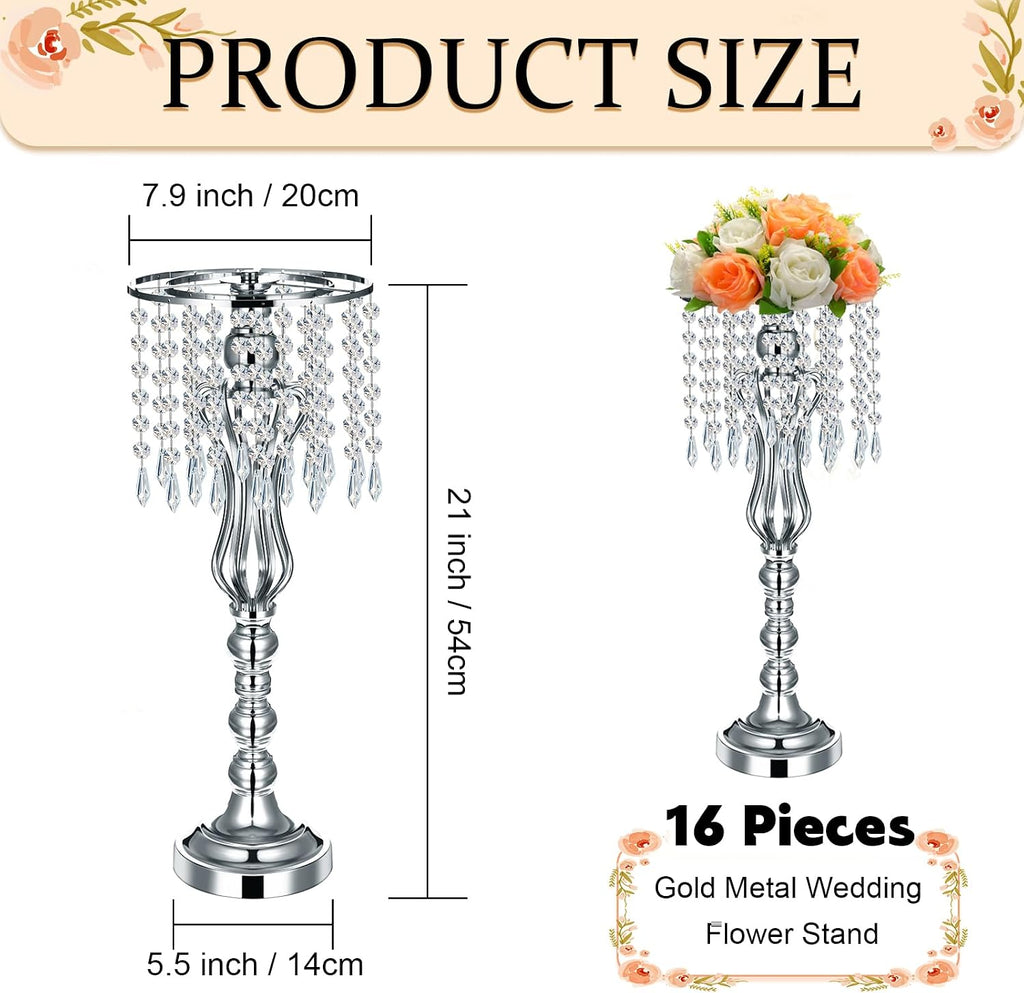 Didaey 16 Pcs Wedding Centerpieces for Tables, Gold Silver Vase Centerpiece with Chandelier Crystal Metal Flower Stand, Tall Flower Vases for Wedding Party Home Decoration(Silver,21.3')