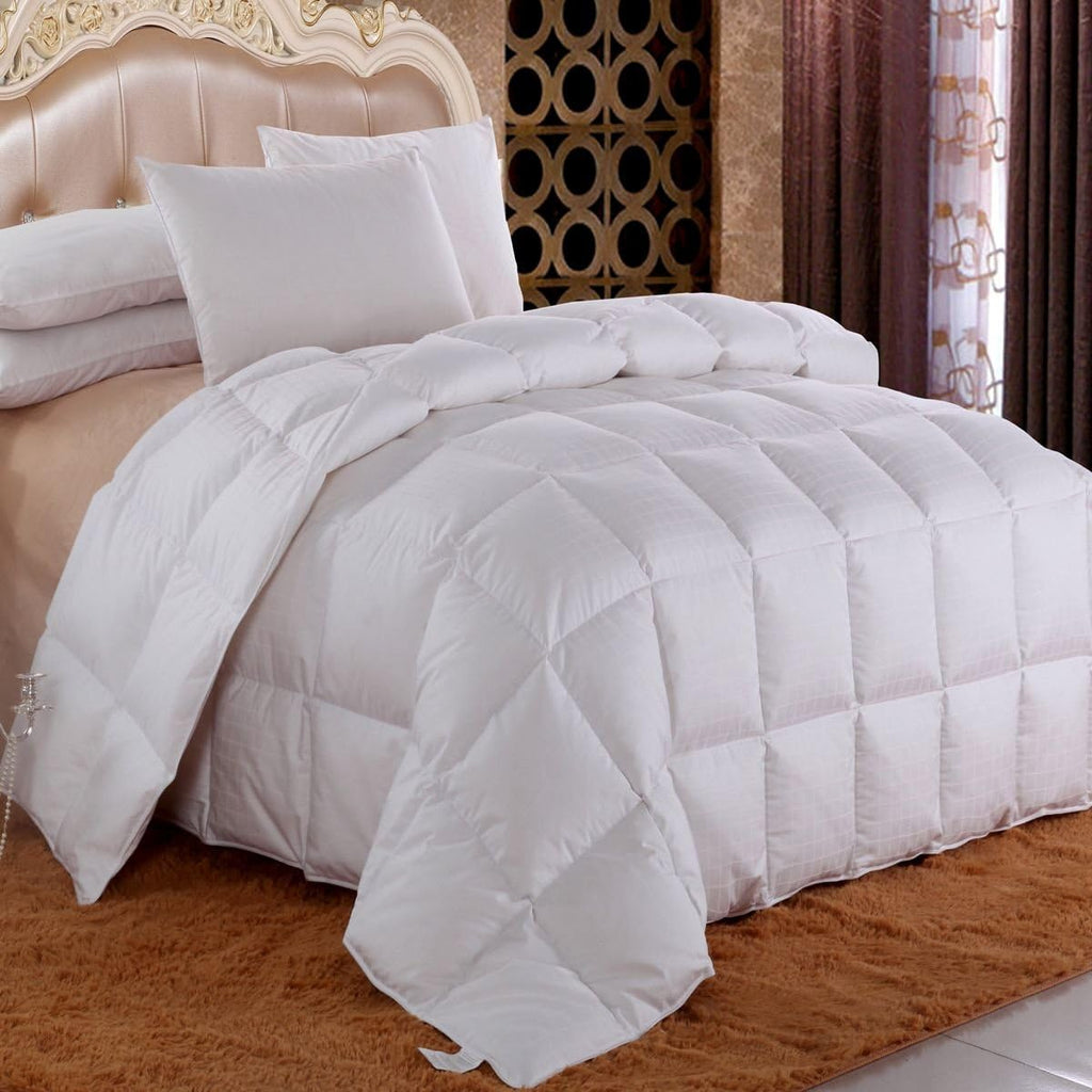 Royal Hotel Bedding Goose Down Comforter Queen, 300 Thread Count 100% Cotton Dobby Checkered Shell, 600FP, 33 Ounce Down Fill