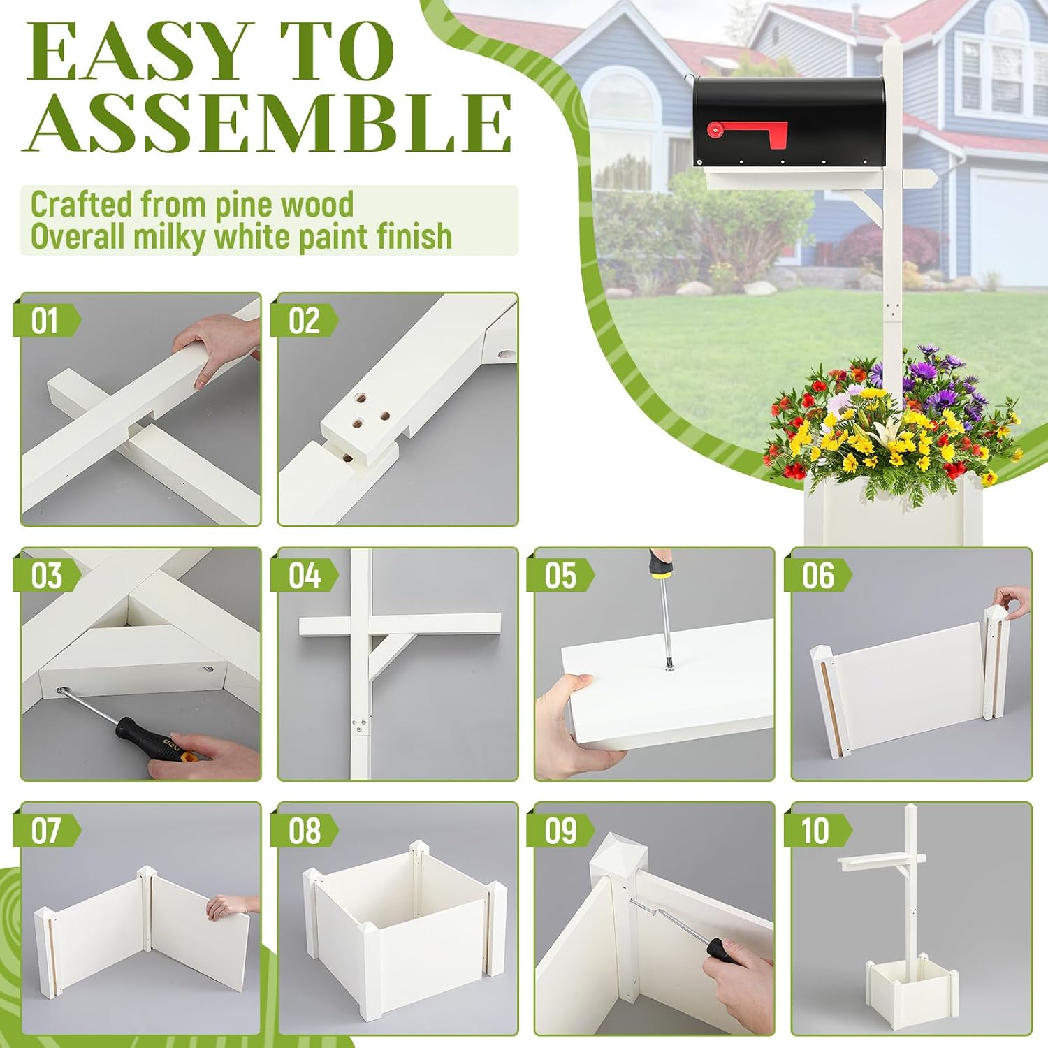 Colingmill 55 Inch/4.58 ft H Wooden Mailbox Post with Planter Box for Outside Decorative Post Flower Box(Not Included Mailbox)(White)