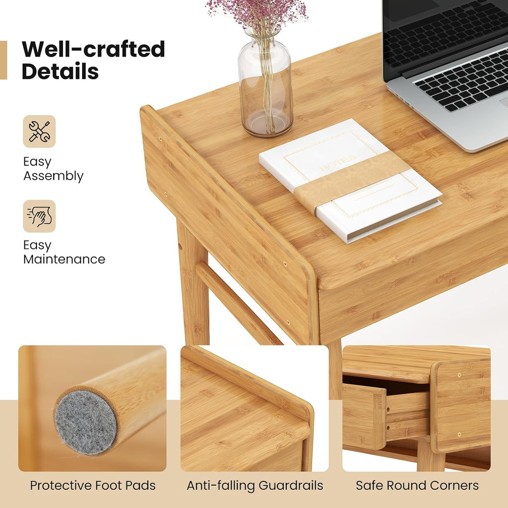 POWERSTONE 39.5' Writing Computer Desk, Modern Bamboo Home Office Desk with 2 Storage Drawers and One Shelf, Study Writing Table Workstation