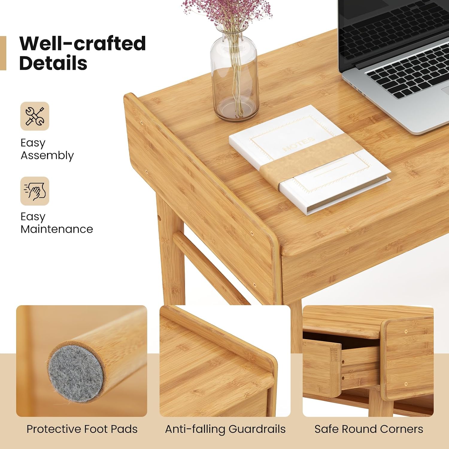 POWERSTONE 39.5' Writing Computer Desk, Modern Bamboo Home Office Desk with 2 Storage Drawers and One Shelf, Study Writing Table Workstation