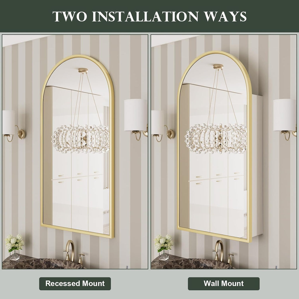 WallBeyond Bathroom Medicine Cabinet with Mirror, 17x34 Inch Gold Recessed Medicine Cabinet with Arch Aluminum Alloy Metal Framed, Single Door Modern Medicine Cabinet with Storage