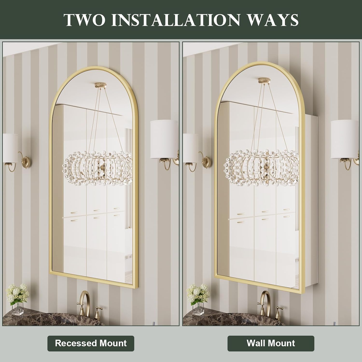 WallBeyond Bathroom Medicine Cabinet with Mirror, 17x34 Inch Gold Recessed Medicine Cabinet with Arch Aluminum Alloy Metal Framed, Single Door Modern Medicine Cabinet with Storage