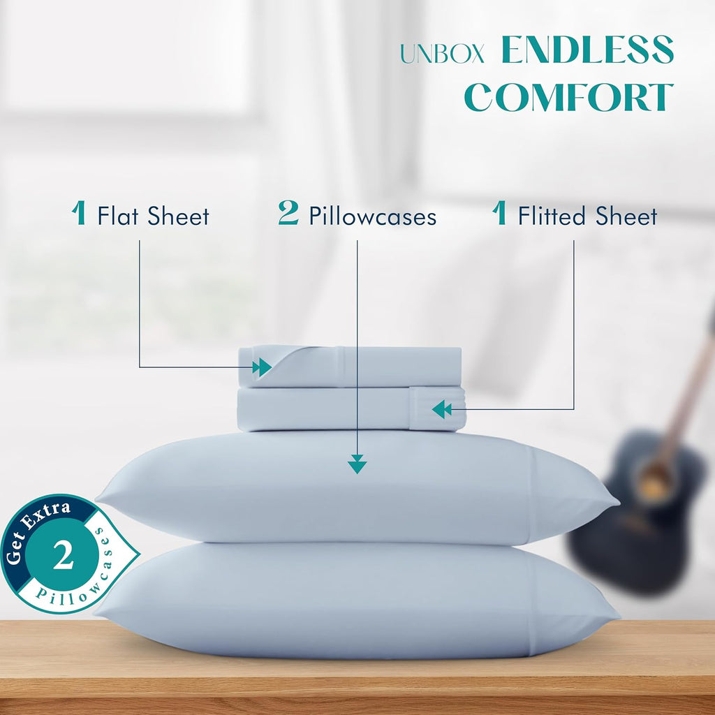 XOOX Linen 100% Egyptian Cotton Queen Sheet Set - Luxury 1200 High Thread Count Egyptian Cotton Sheets Queen Size (4 PC, Light Blue), Silky Soft, Cooling, 17' Deep Pocket Sateen Weave Hotel Bedding
