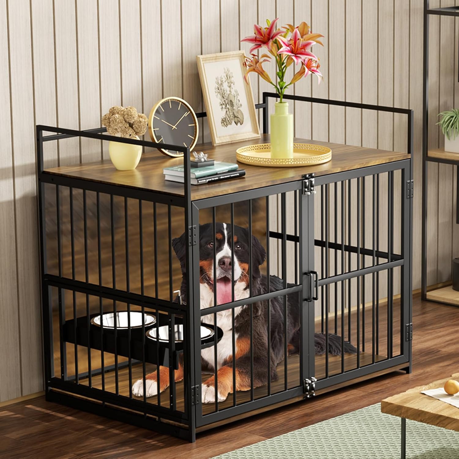 ROOMTEC Dog Crate Furniture-Style Cages for Large Dogs Indoor Heavy Duty Super Sturdy Dog Kennels with 2 Stainless Steel Bowls (48Inch = Int.dims: 46' W x 29' D x 35.5' H)
