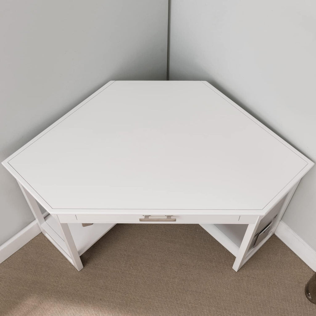 Leick Home Sage Corner Office Desk, Solid Wood, with Drop Front Keyboard Drawer, White, 85430