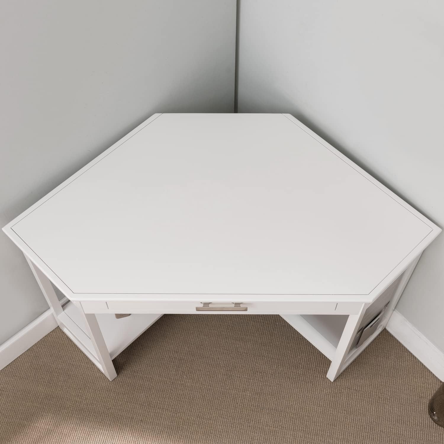 Leick Home Sage Corner Office Desk, Solid Wood, with Drop Front Keyboard Drawer, White, 85430