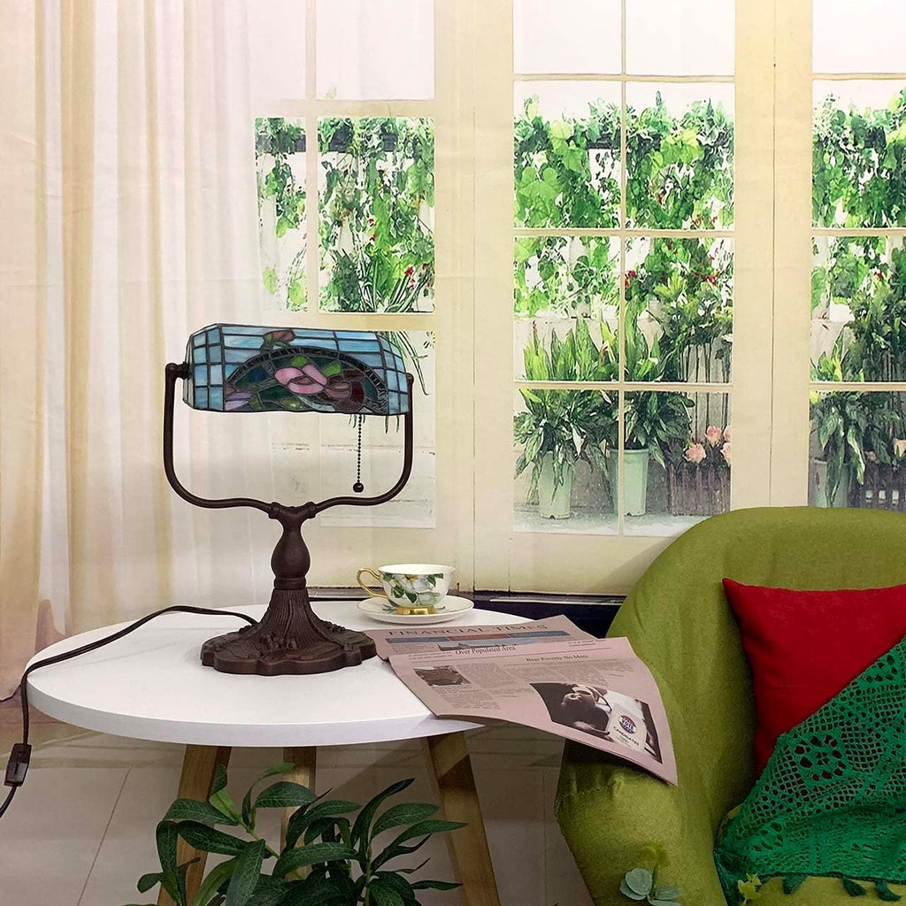 Bieye L10760 Rose Flower Tiffany Style Stained Glass Bankers Desk Lamp Table Lamp for Working Office Living Room Bedside Home Decoration, 9' W x 15' H, Red Green