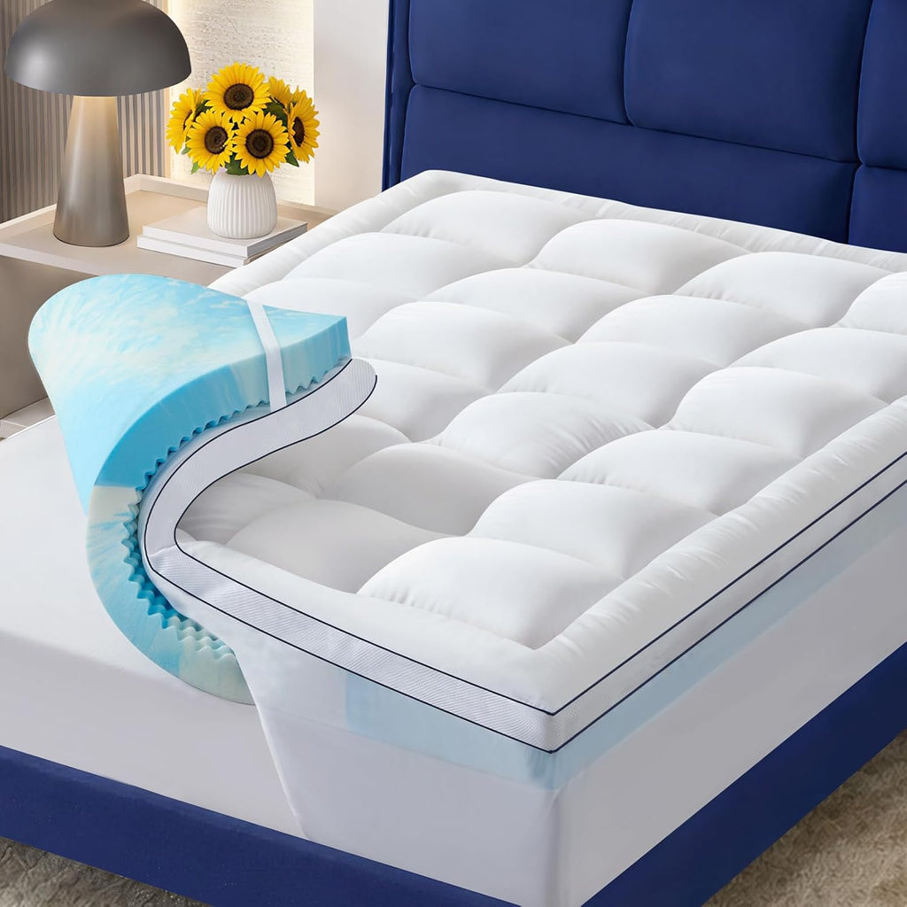 California King Size Dual Layer 4 Inch Memory Foam Mattress Topper, 2 Inch Cooling Gel Memory Foam and 2 Inch Soft Pillow Top Mattress Pad Cover for Back Pain Relief, Breathable
