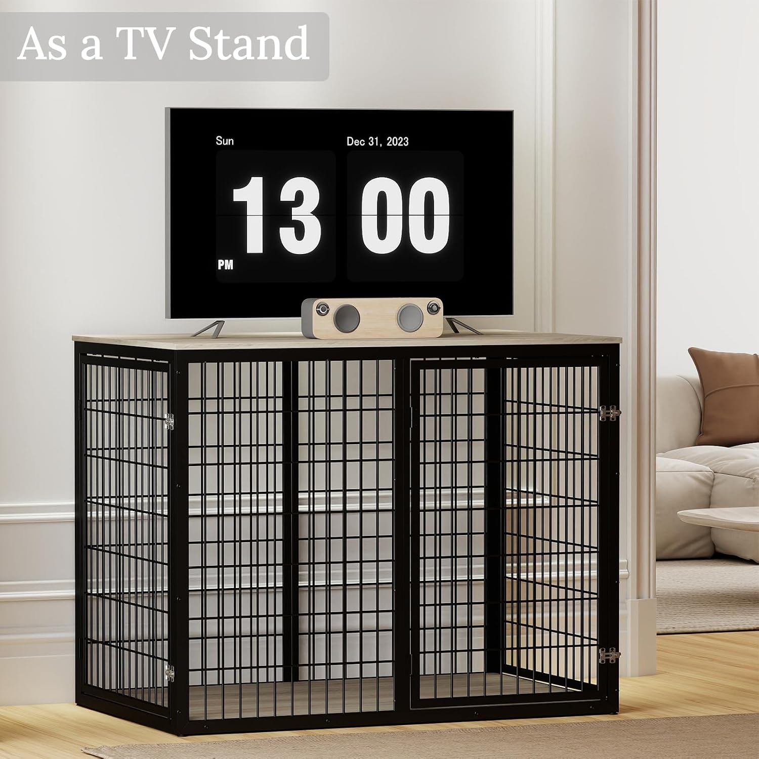 Yafylly 48' Dog Crate Furniture for Medium Large Dogs, Indestructible Large Dog Kennel Indoor with 3 Doors, Wooden Dog Cage Side End Table, Heavy Duty XL Dog Crate, Gray