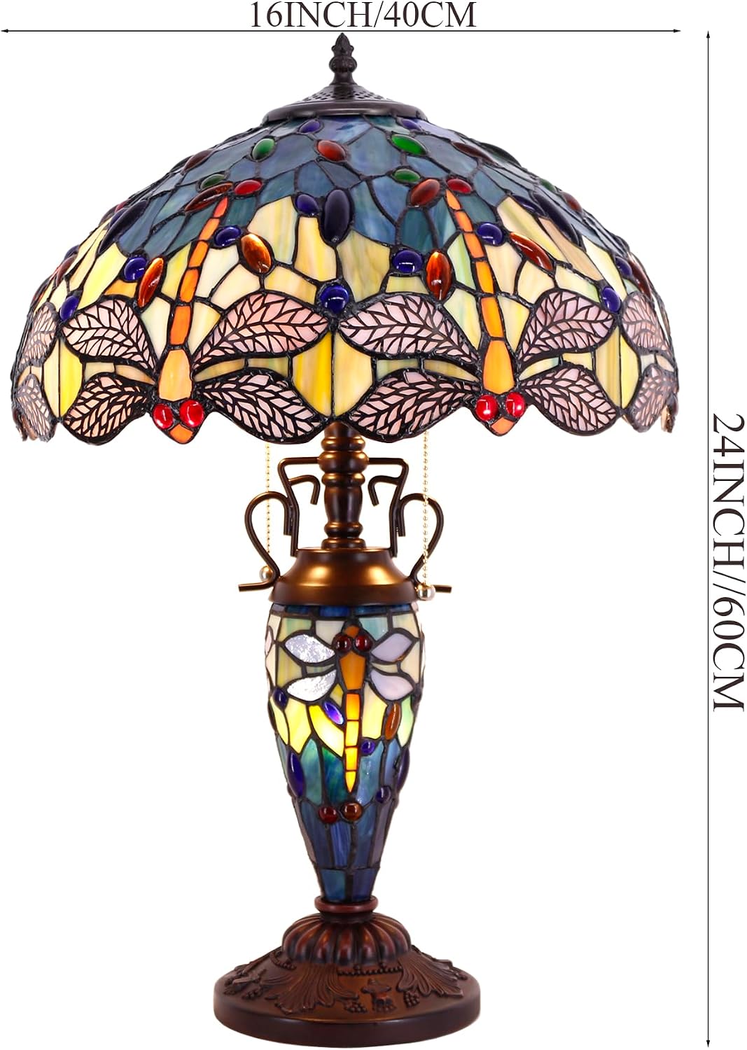 WERFACTORY Tiffany Table Lamp Sea Blue Yellow Stained Glass Dragonfly Mather-Daughter Vase Table Lamp 16X16X24 Inches Desk Light Decor Bedroom Living Room Home Office S128 Series