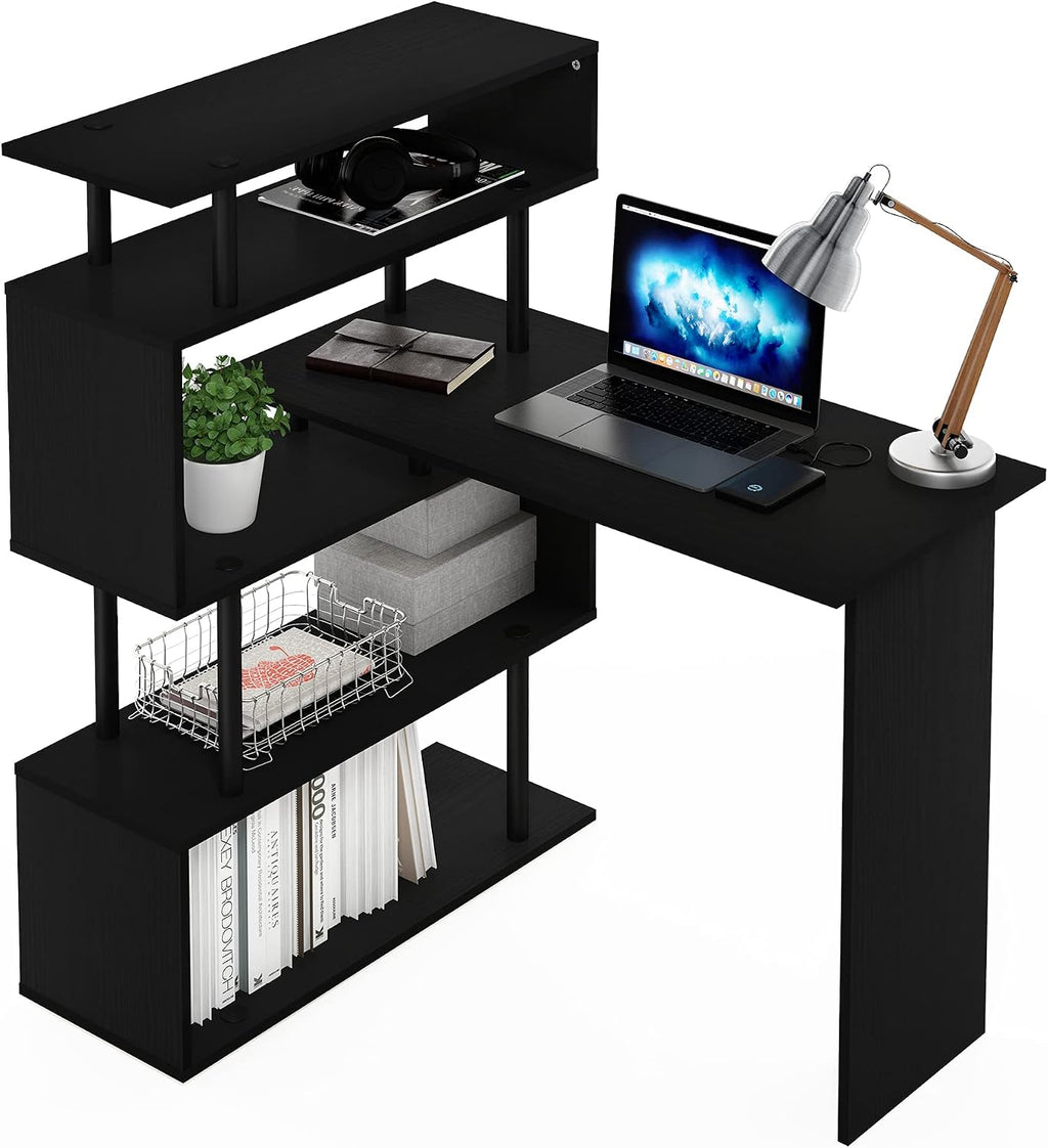 Furinno Classic Desk, 40' Wide L-Shape Gaming Desk, Computer Desk, Writing Desk with 5-Tier S-Shaped Side Shelves for Home Office, Study Room, Dorm, Bedroom, Americano