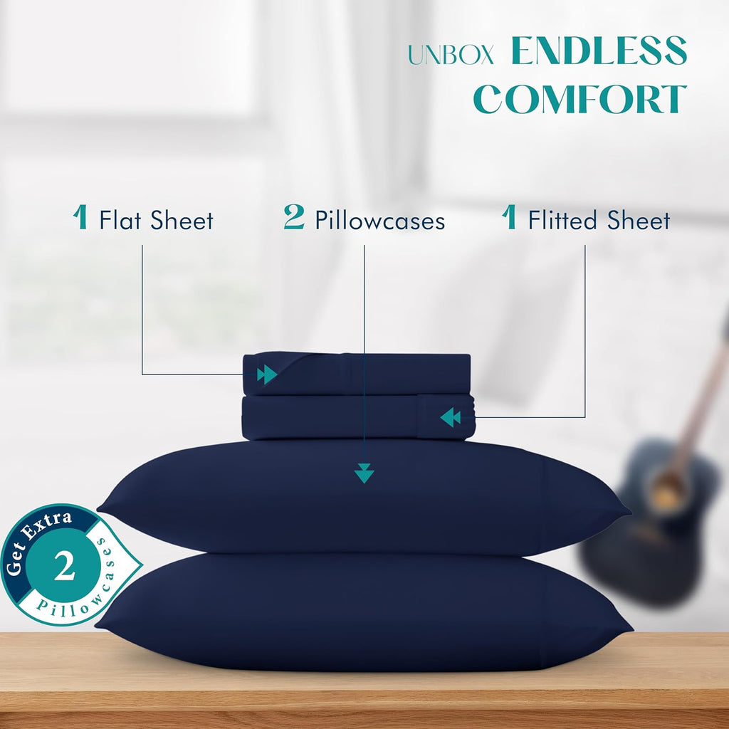 XOOX Linen 100% Egyptian Cotton Sheets Queen Size - 1200 Thread Count Queen Size Sheets Set Egyptian Cotton, 4 PC Luxury Bedsheet (Navy Blue), Soft, Cooling, 17' Deep Pocket Sateen Weave Bedsheet Set