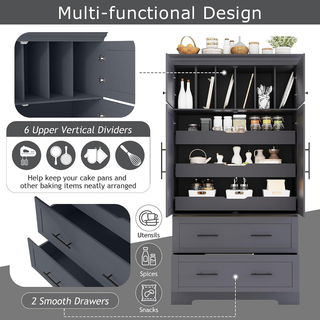 Freestanding Kitchen Pantry Storage Cabinet, 72.6''H Tall Wooden Kitchen Organizers with 2 Doors, Pull-Out Trays, 2 Drawers and Cake Pan Storage for Dining Room Living Room (Grey-1.12)