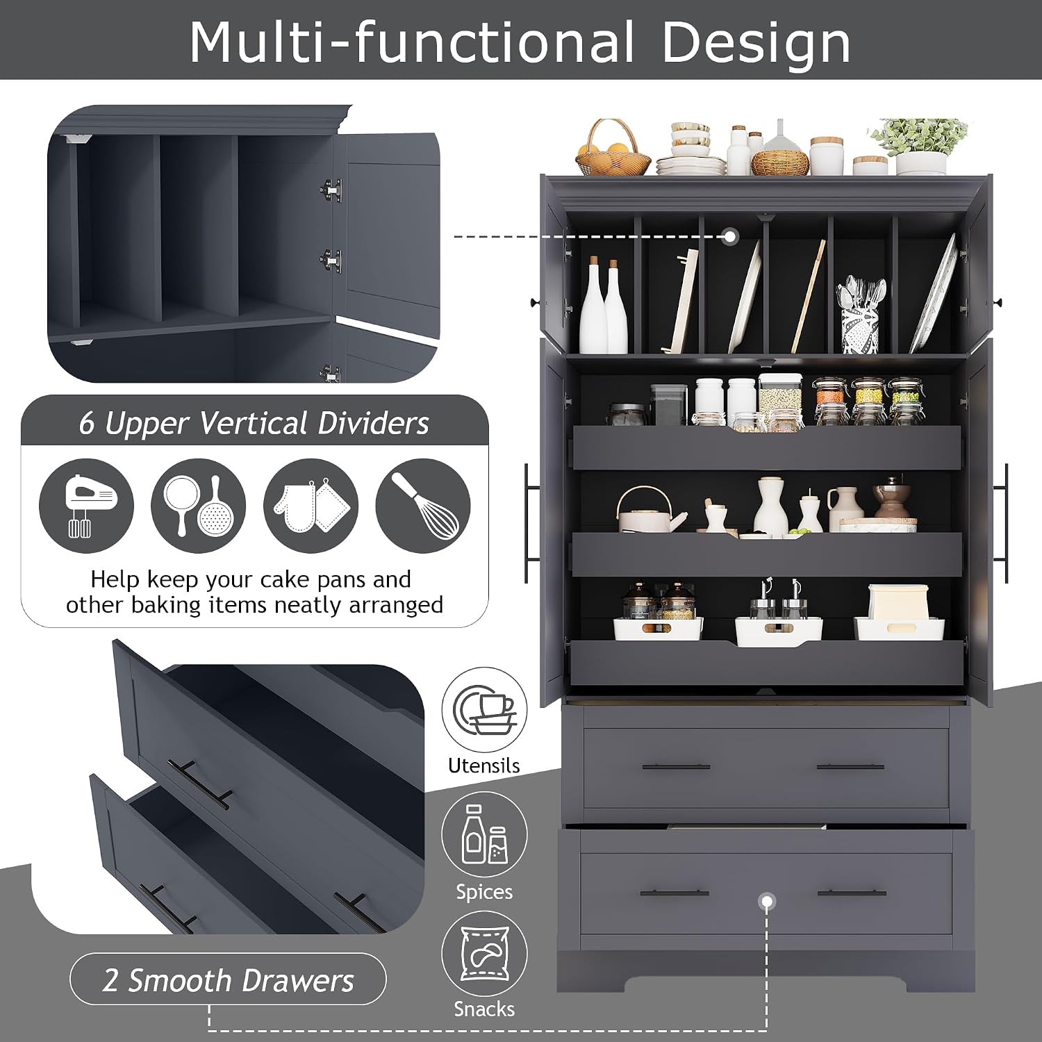 Freestanding Kitchen Pantry Storage Cabinet, 72.6''H Tall Wooden Kitchen Organizers with 2 Doors, Pull-Out Trays, 2 Drawers and Cake Pan Storage for Dining Room Living Room (Grey-1.12)