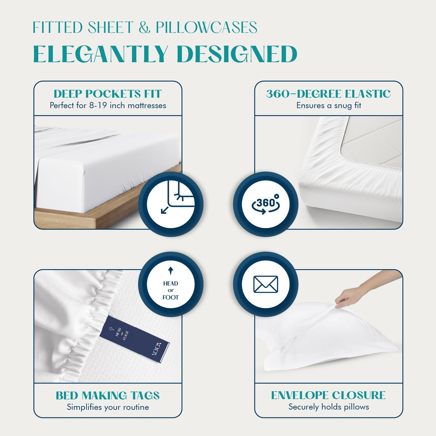 XOOX Linen 100% Egyptian Cotton Queen Sheet Set - Luxury 1200 High Thread Count Egyptian Cotton Sheets Queen Size (4 PC, White), Silky Soft, Cooling, 17' Deep Pocket Sateen Weave Hotel Bedding