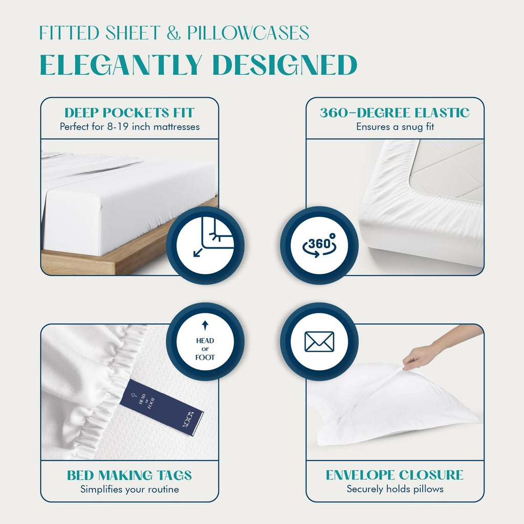 XOOX Linen 100% Egyptian Cotton Queen Sheet Set - Luxury 1200 High Thread Count Egyptian Cotton Sheets Queen Size (4 PC, Light Grey), Silky Soft, Cooling, 17' Deep Pocket Sateen Weave Hotel Bedding