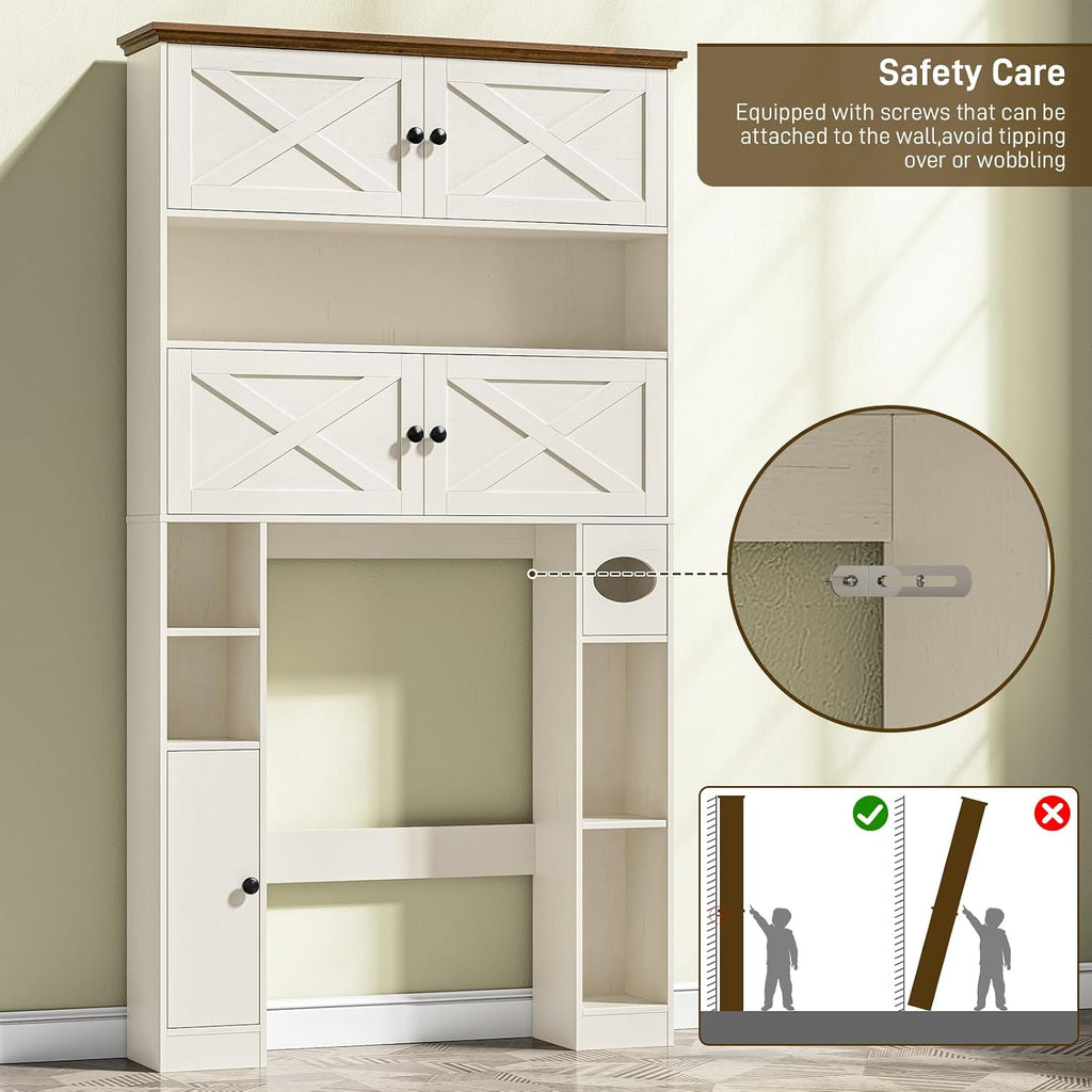 Over The Toilet Storage Cabinet, Farmhouse Storage Over Toilet with 4 Barn Doors & Adjustable Shelf, Space Saving Bathroom Organizer with Toilet Paper Holder Stand for Bathroom, Laundry, Rustic White