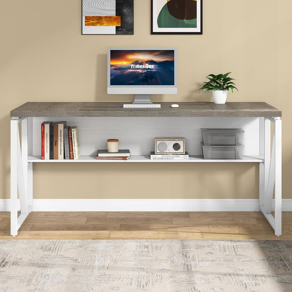 Tribesigns 63 inches Computer Desk with Bottom Storage Shelf Home Office Desk Writing Table for Workstation,Dark Walnut + Steel Leg， Cabinet not Included (Dark Oak, 63-inch-with Shelf)
