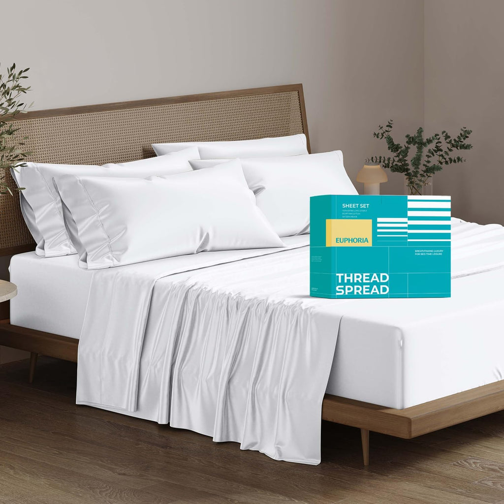 THREAD SPREAD 100% Egyptian Cotton California King Bed Sheets - 800 Series Euphoria Collection Cal King Sheets (6 PC, White), Sateen Weave Deep Pocket Hotel Sheet, Soft Cooling Bedding Sheet