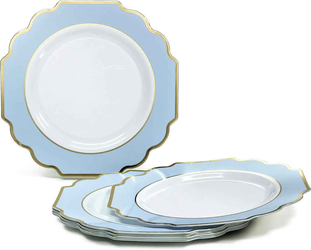 ' OCCASIONS ' 240 Plates Pack (120 Guests) Heavyweight Wedding Party Disposable Plastic Plates Set -120 x 10.5'' Dinner + 120 x 8'' Salad/Dessert Plate (Imperial in White/Blue & Gold)